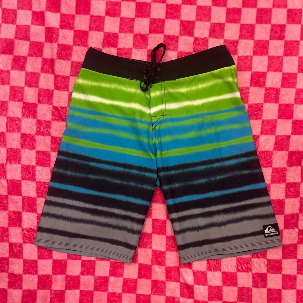 Quiksilver Lime Green and Blue Stripe Swim Trunks